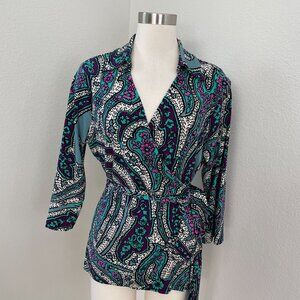 Ann Taylor Womens XL Paisley Wrap Blouse Stretch Top Shirt 3/4 Sleeve